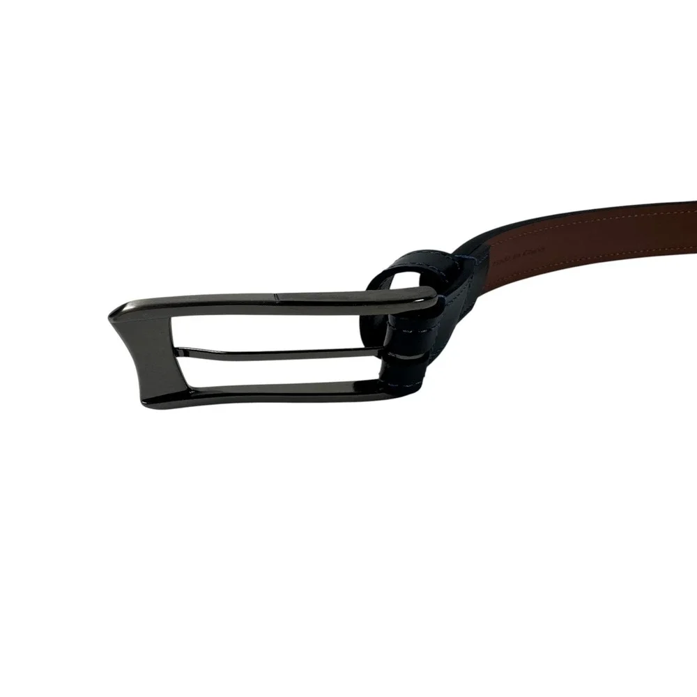 Johnston & Murphy Men Black Leather Dress Belt Gunmetal Buckle Blue Stitching 38